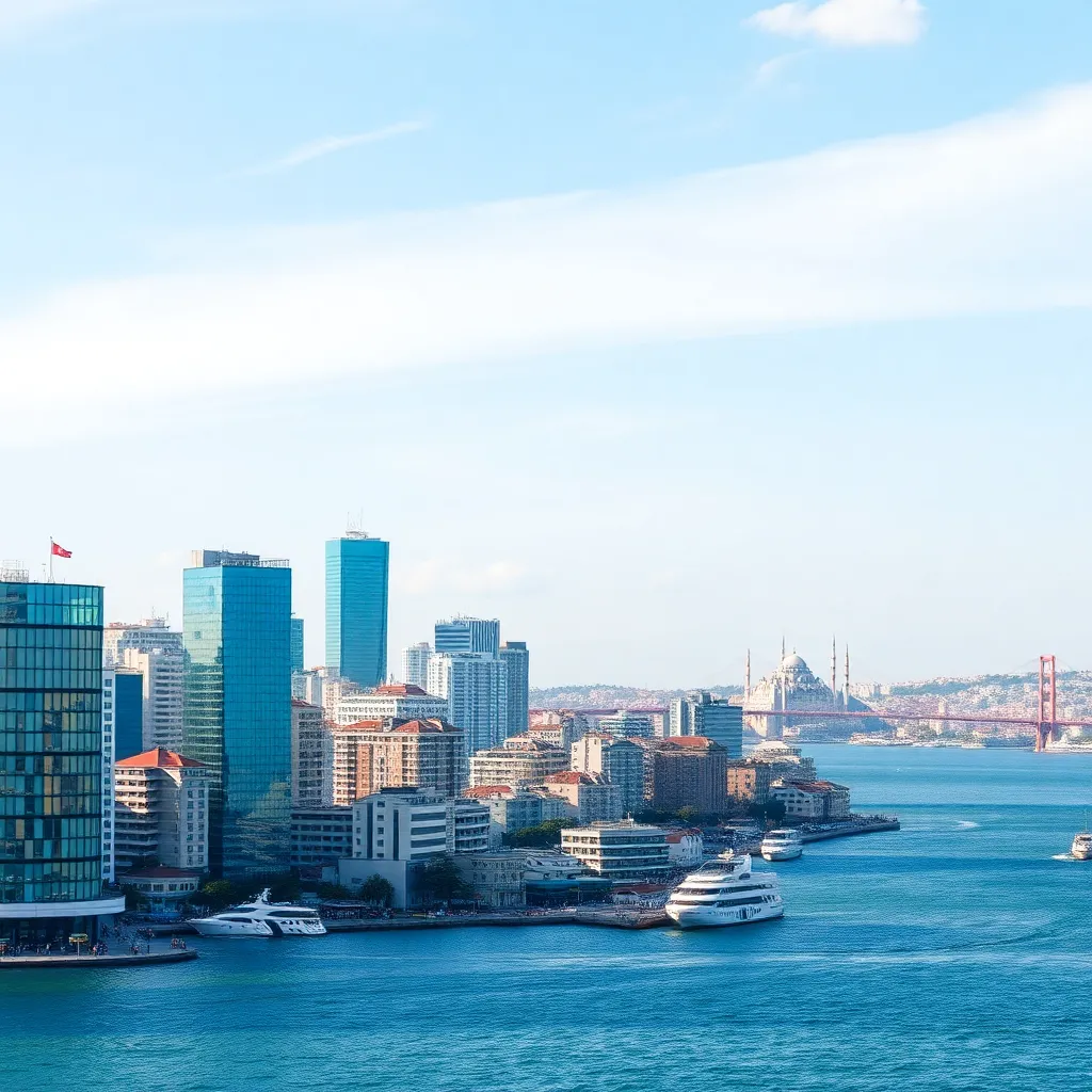 İstanbul Boğazı manzarasında modern iş bölgesi